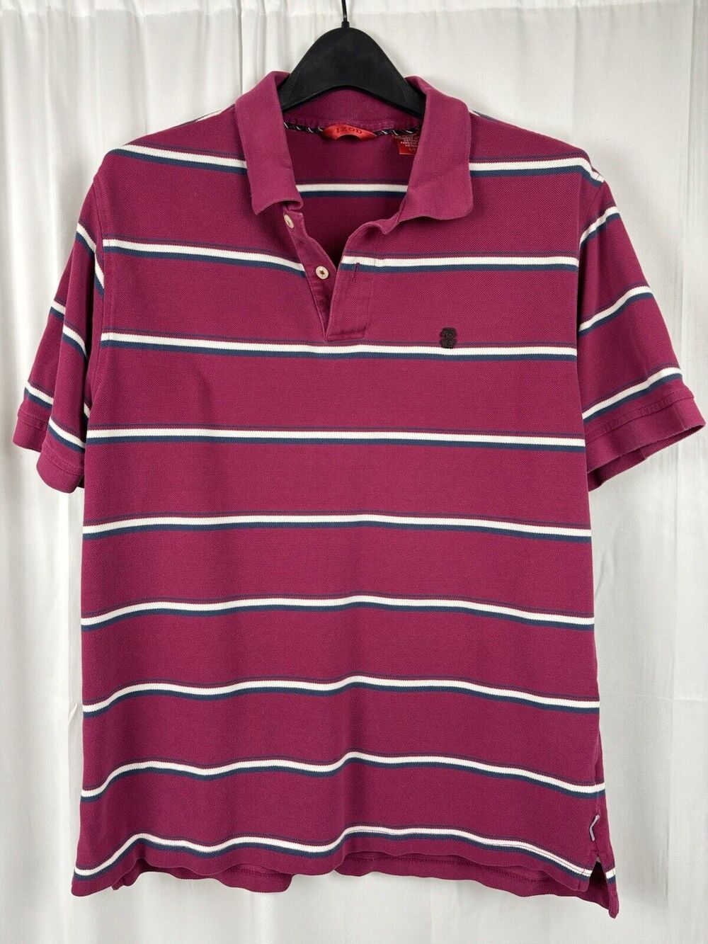 Izod Mens Short Sleeve Polo Shirt Size L Magenta Striped 100% Cotton Y2K